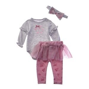 Quiltex Girls  Bows 3Pc Tutu Legging Set & Headband, Grey